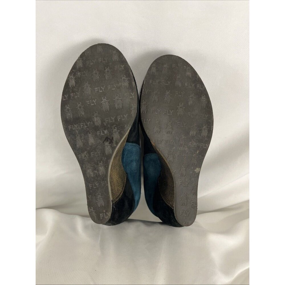 Fly London Teal, Black & Metallic Gold Suede Wedge Booties - Picture 11 of 11